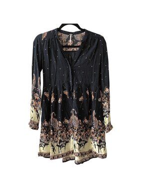 Free People Black Cream Floral Long Sleeve Boho Tunic Dress XS